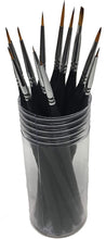 Load image into Gallery viewer, 000 - Miniature Detail Paint Brush Set, 12pcs, Wood Ergonomic Handle, dust Bag, Brush Holder - Fine Detail Painting Brushes for Models & Tiny Figurines, Acrylic, Oil, Watercolor, Hobbyist Painter