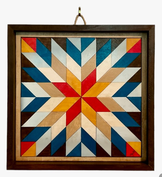 Indoor Only Barn Quilt in Teal, Coral, Mustard and Brown