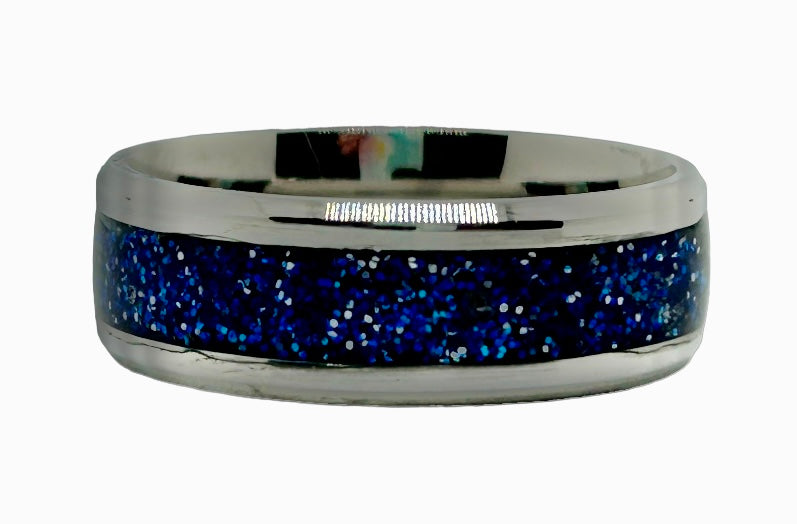 8mm Stainless Steel Blue Sparkle inlay Ring