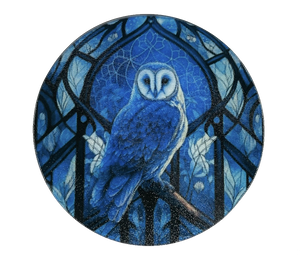 Cutting Board or Trivet Tempered Glass Blue Owl -7.75x7.75-in. round Round
