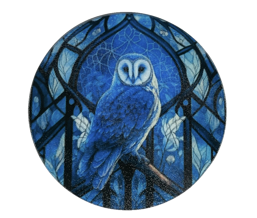 Cutting Board or Trivet Tempered Glass Blue Owl -7.75x7.75-in. round Round