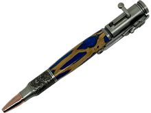 Load image into Gallery viewer, Bolt Action Deer Hunter Pen in Chrome made with Chollo in Blue Resin

