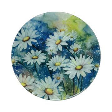 Cutting Board or Trivet Tempered Glass -7.75x7.75-in. Round Blue with White Flowers