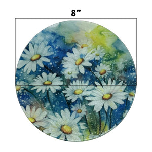 Cutting Board or Trivet Tempered Glass -7.75x7.75-in. Round Blue with White Flowers