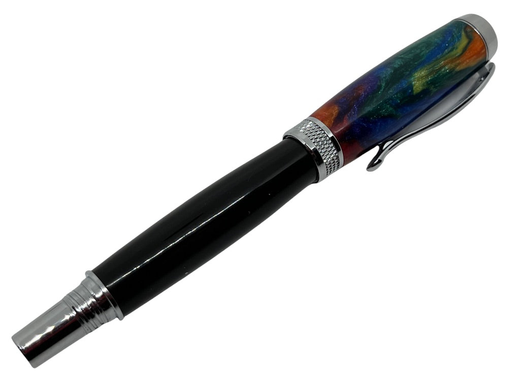 Diamond Knurl Rollerball Chrome with African Blackwood and Rainbow Acrylic