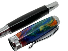 Load image into Gallery viewer, Diamond Knurl Rollerball Chrome with African Blackwood and Rainbow Acrylic
