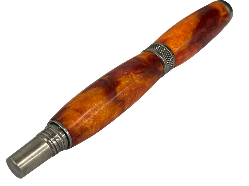 Diamond Knurl Rollerball Chrome with Red and Orange Acrylic