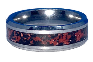 Tungsten Ring inlay with Crushed Red Coral and Jet Black Stone